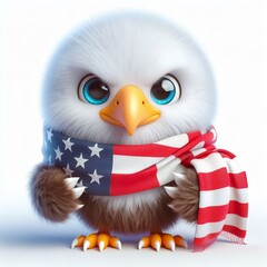Obraz premium Cute 3d fluffy Eagle character with USA style scarf, white background