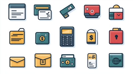 Sleek 2D Finance Icon Set for Banking App: Savings Accounts, Credit Cards, Loans | Minimalistic Financial Icons Collection