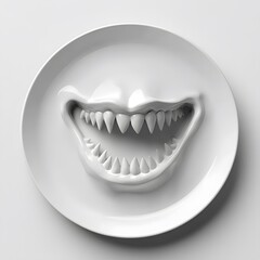 Naklejka premium Surreal white ceramic plate with 3d whimsical grinning face