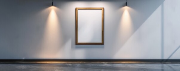 A mockup of a poster frame in a contemporary art gallery, placed on a white wall with spotlights highlighting the empty frame.