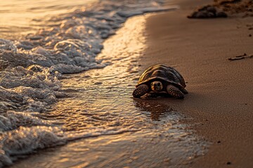 Obraz premium Tortoise Walking on Sandy Beach with Waves at Sunset