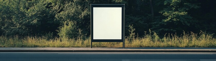 Fototapeta premium Urban Advertising Canvas: Empty Bus Stop Shelter with Blank Billboard Mockup on Busy Street. Creative Marketing Opportunity in Green Surroundings. Vertical Outdoor Display for Spa Center Promotion. Ab