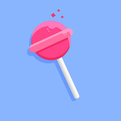 Strawberry flavored lollipop candy designed in cartoon flat style. Vector illustration. Sweet snack concept design.