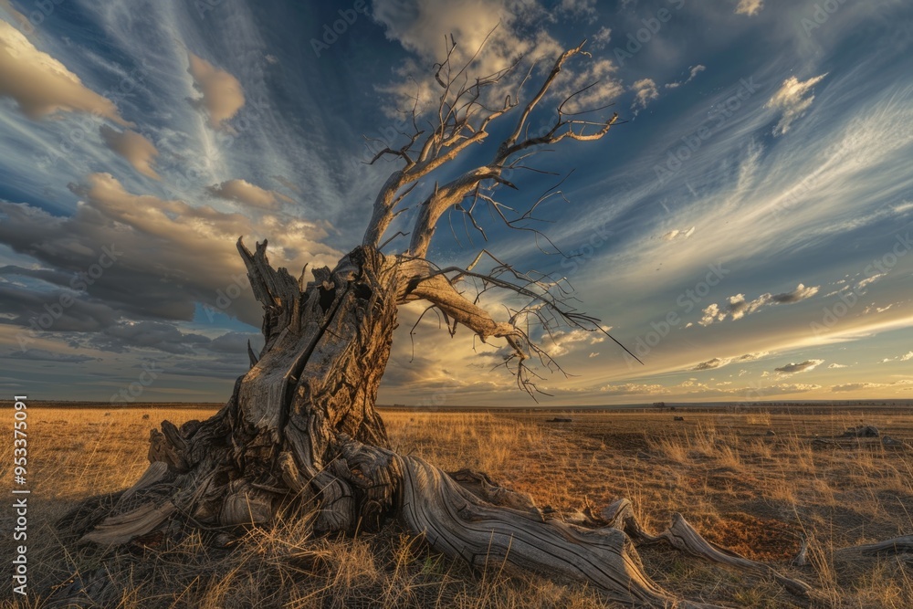 Poster a solitary dead tree stands tall in a vast open field, ideal for use as a scenic backdrop or symbol