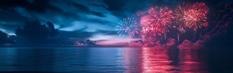 Oceanfront Fireworks Spectacle, vibrant bursts of color illuminate the night sky, reflecting off the tranquil waters, creating a breathtaking celebration by the sea.