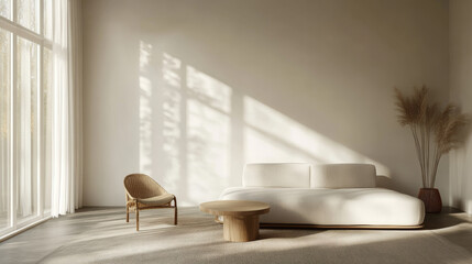 Cozy minimalist living area with space for product presentation or advertising text. 