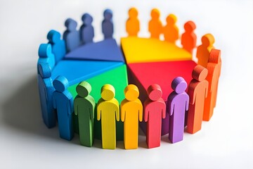 A group of people are standing around a pie chart with different colored slices