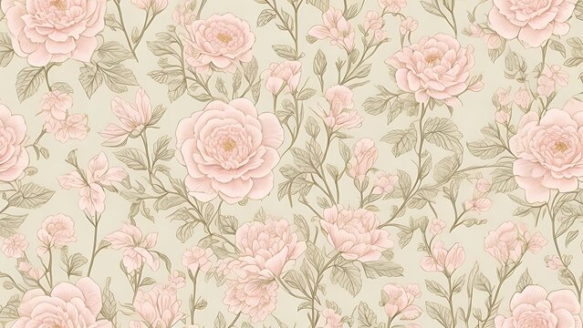 Delicate seamless pink wallpaper featuring a repeating pattern of intricately illustrated flowers