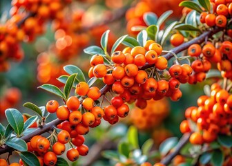 Ripened orange-red Canada buffaloberries hang in clusters on silvery-gray branches against a soft green bokeh, showcasing the shrub's vibrant autumnal beauty in natural light.