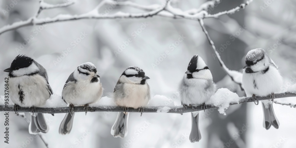 Poster a group of birds resting on a tree branch, possibly taking a break from foraging or migrating