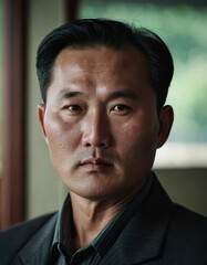 Obraz premium Portrait of a middle-aged North Korean man in a formal setting, showcasing the traditional clothing style and serious expression, indicative of his cultural background. Generative AI