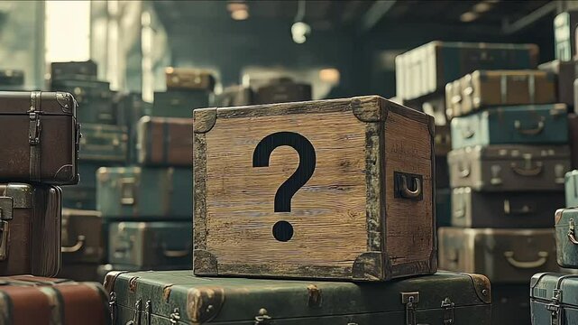 Old wooden mystery box in a warehouse full of packages