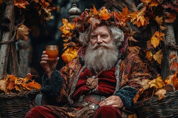 A grizzled king on an oak throne with autumn leaves holding a goblet of cider