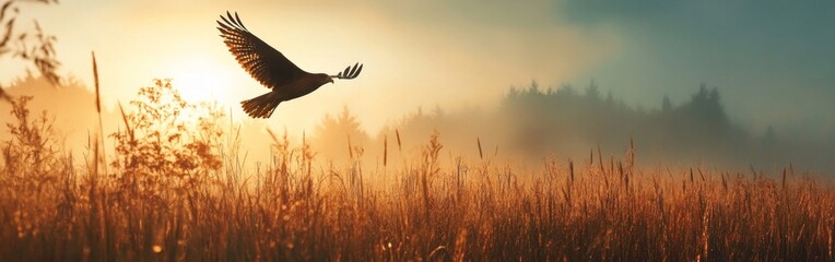 Fototapeta premium Majestic Hawk Gliding Over Dew-Kissed Morning Meadow, Morning light illuminating vibrant green grass, creating a serene and tranquil atmosphere in nature's embrace