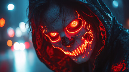 Mysterious Person with Glowing Red Skull Mask
