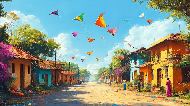 festive image illustrating the celebration of Makar Sankranti with colorful kites soaring in the sky above decorated homes and people joyfully participating in the festivities