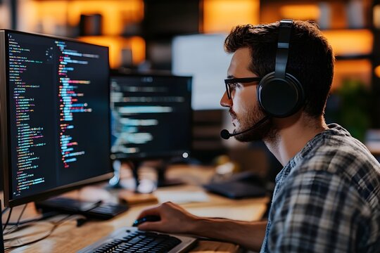 A man wearing headphones is working on a computer