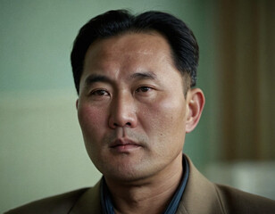 Obraz premium Portrait of a middle-aged North Korean man in a formal setting, showcasing the traditional clothing style and serious expression, indicative of his cultural background. Generative AI