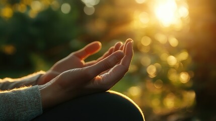Close-up of hands in prayer position with sunlight shining through them.