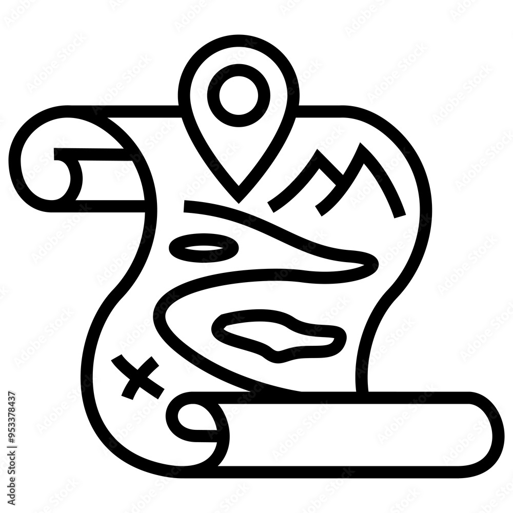 Poster line art map scroll icon with pointing mark. png, transparent background,