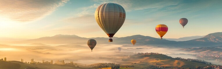 Naklejka premium Colorful hot air balloons soaring gracefully above a picturesque valley, vibrant landscapes below, a serene sky enhancing the adventure of flight and exploration.