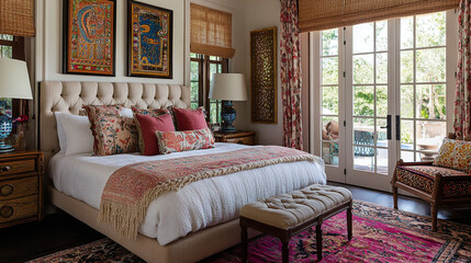 Fototapeta premium This is the mid century modern interior of the bedroom where you can sleep comfortably. Generative AI 