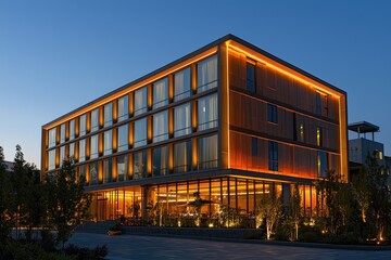 Obraz premium Hotel exterior at night illuminated by LED lights highlighting steel structures and windows
