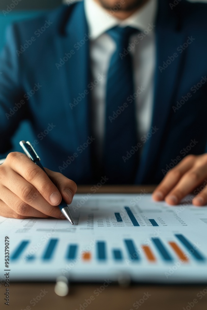 Poster businessman analyzing financial data and graphs with a pen. professional setting focusing on perform