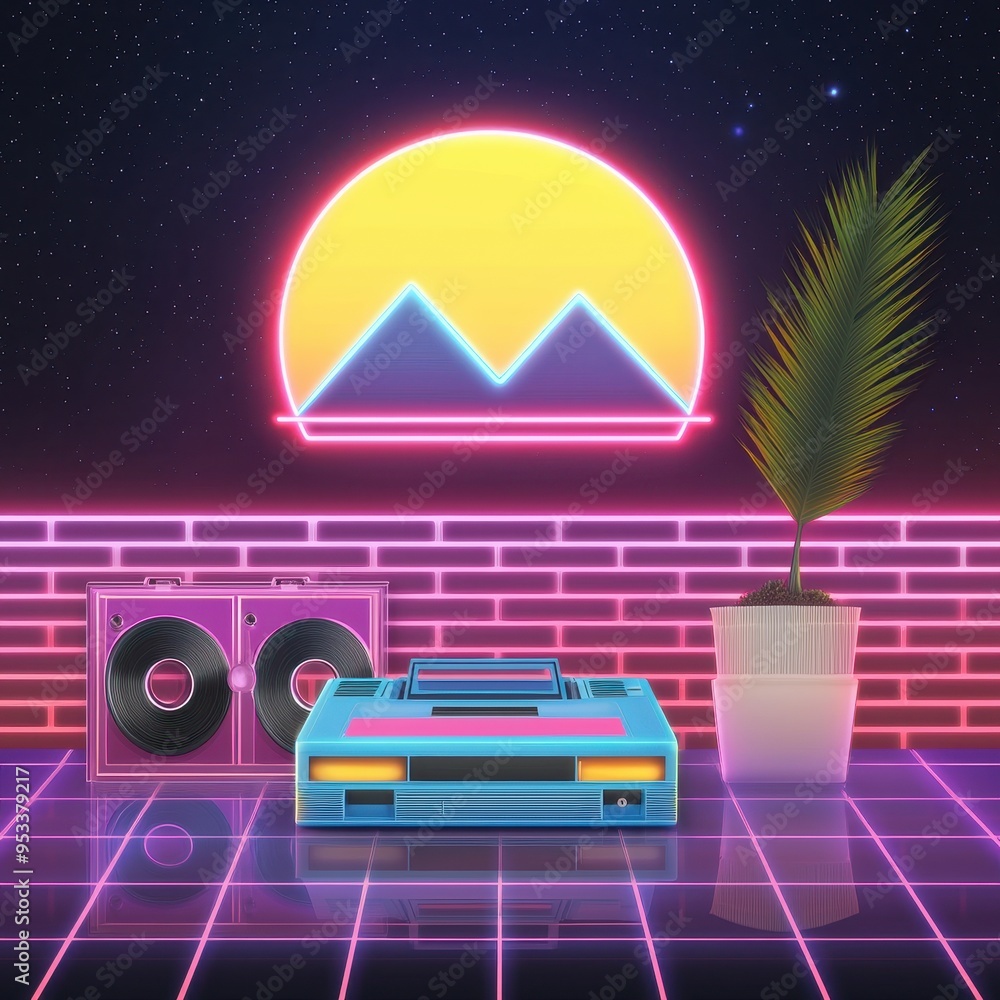Poster retro futuristic neon synthwave background with cassette player palm tree and sun
