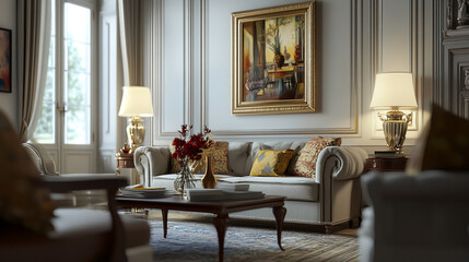 A mid-century modern interior of a French house living room with antique sofas and interior accessories. Generative AI
