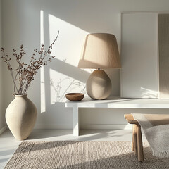 A close-up of a classic big lamp with a warm glow, positioned on a sleek white sideboard. with the minimal Japandi-Scandinavian decor