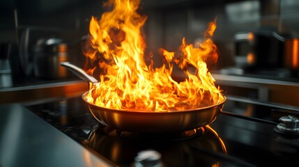 Flaming Pan in a Professional Kitchen