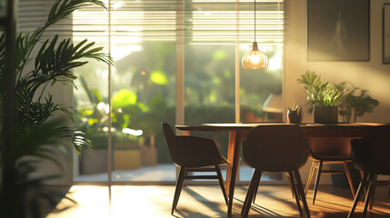 Fototapeta premium Modern minimalist interiors in residential dining rooms with dining tables and chairs. Generative AI 
