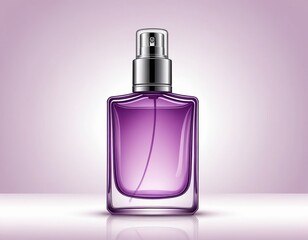 realistic purple perfume bottle with spray on white background.