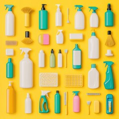 Obraz premium Cleaning Supplies Flat Lay Yellow Background Bottles Brushes Sponges