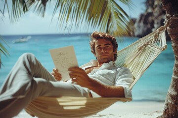 A famous actor lies on a hammock reading a handwritten letter on a serene beach