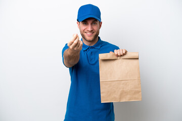 Delivery caucasian man isolated on white background making money gesture