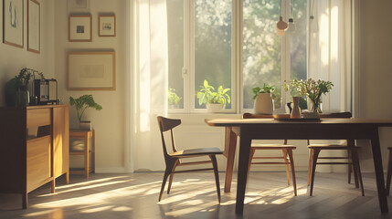 Modern interior. This is a partial photo of the minimalist interior of a house with a wooden table and chairs in warm sunlight. Generative AI
