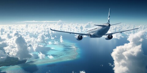 Obraz premium Airplane flying over clouds and turquoise water.