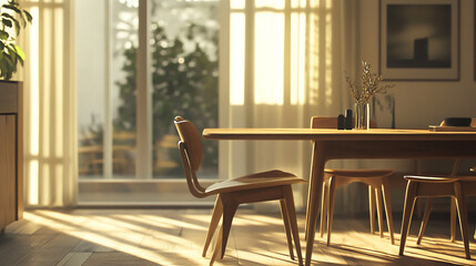 Modern interior. This is a partial photo of the minimalist interior of a house with a wooden table and chairs in warm sunlight. Generative AI