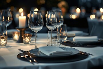 Elegant black table setting for romantic dinner date in restaurant