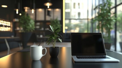 Fototapeta premium Contemporary office environment, sleek desks arranged with laptops, vibrant coffee mugs, minimalistic decor, fostering productivity and collaboration among professionals