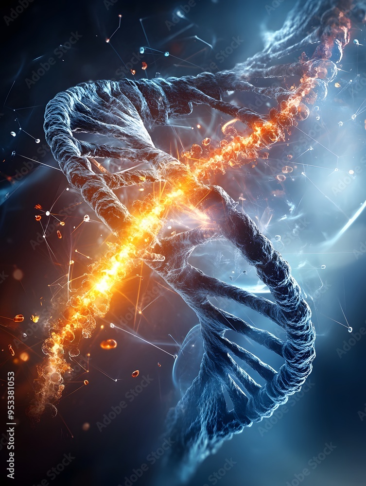 Poster abstract dna double helix with glowing particles.