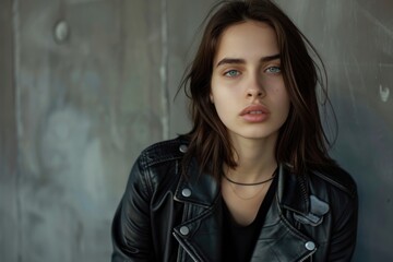 Fototapeta premium A woman wearing a leather jacket strikes a pose, ready for her close-up