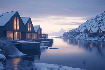 Fototapeta premium A cozy suburban Scandinavian village on a plateau at dusk in winter, with wooden homes partially buried in snow and A bright Scandinavian village in a meadow during midday in spring, Scandinavian town