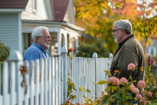 Neighbors exchanging greetings over a white picket fence embodying community spirit - Powered by Adobe