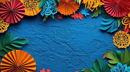Vibrant and colorful background for a Mexican-themed party, showcasing an array of brightly colored paper fans arranged in the shapes of birds and flowers on a blue textured backdrop. The scene is dec