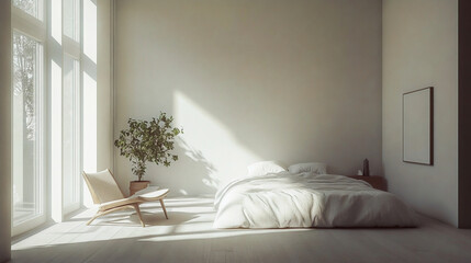 A bedroom with a minimalist interior with a white interior and a cozy-looking bed and chair. Generative AI