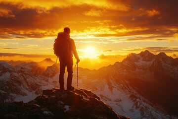 Obraz premium A hikers silhouette on a mountain peak with the sun setting in a warm golden glow