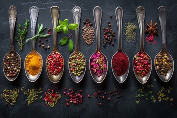 Variety of spices and herbs on dark background